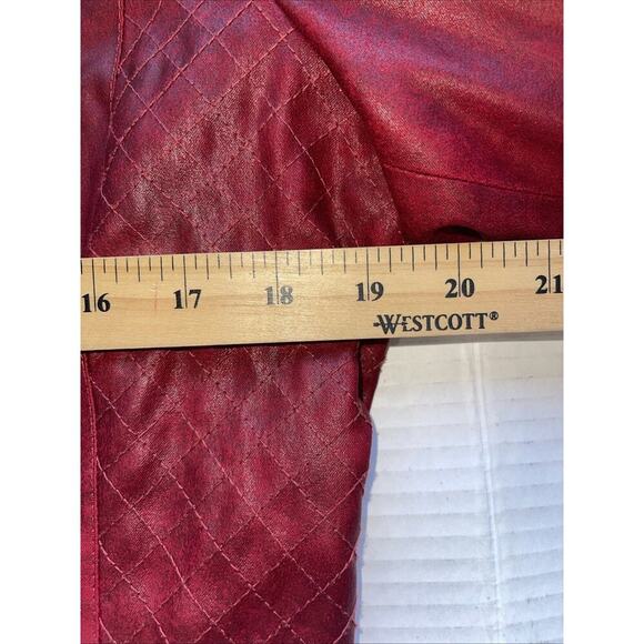 Chicos Sz L (2) Red Faux Full Zip Jacket Light Weight Pockets Lined Gold Holiday - Picture 3 of 8